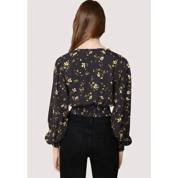 Lost + Wander Daisy Floral Long Sleeve Crop Top 2X Black Smocked Ruffle V-Neck - Picture 5 of 12